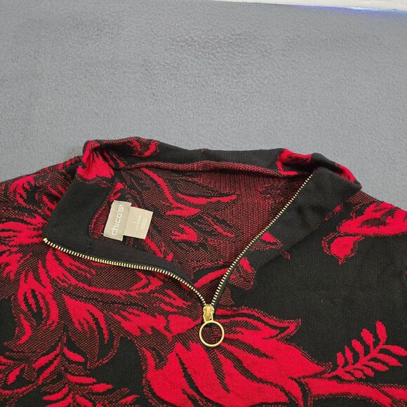 Chico's Women 1 US M Baroque Print Zip Back Mock Neck Black Red Floral Sweater - Picture 8 of 9